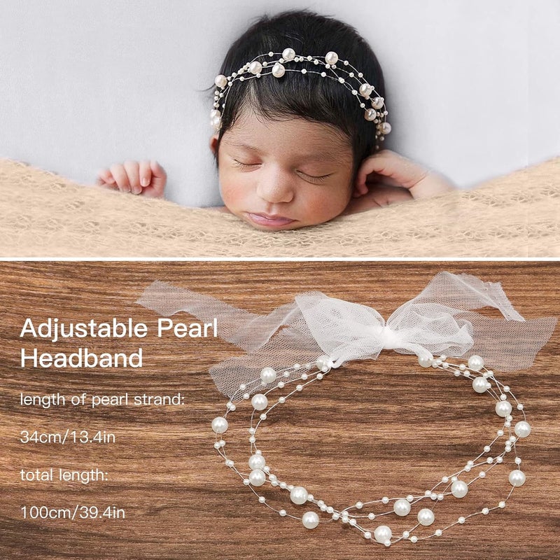 SPOKKI 2 PCS Baby Props Photography Wrap Kit, Newborn Photography Props, Handmade Pearl Wrap Blanket for Baby Photo Props with Pearl Headband, 35.5 X 67 inch Newborn Outfits for Photography (Beige) - Image 3